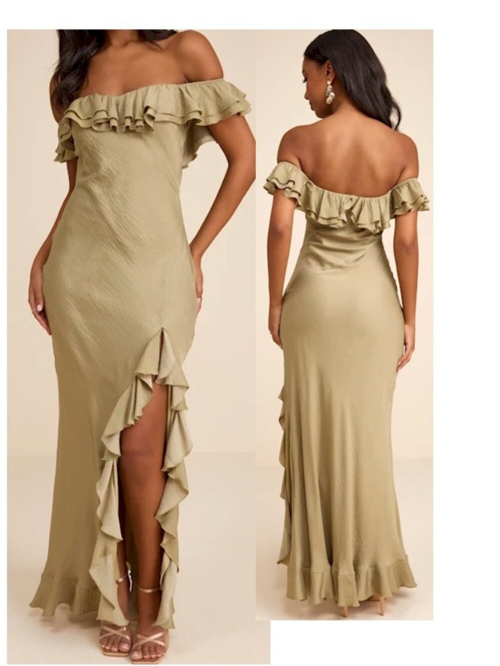 Lulus Eloisa Light Olive Satin Off-the-Shoulder Maxi Dress SIze Small New NWT - Picture 10 of 13